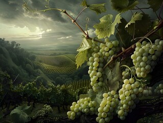 A Close up of Plump Green Grapes in a Dramatic 16th Century Flemish Style Vineyard Landscape at Twilight