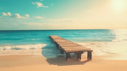 A wooden pier extends into a calm turquoise sea at sunset.