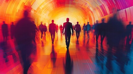 Obraz premium A vibrant scene shows one person in focus, surrounded by a blurred crowd of business people in a circular formation.