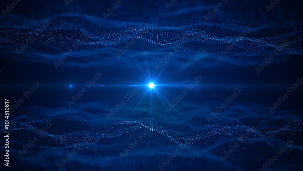 Poster abstract image of a digital waveform with a bright blue light burst at the center, representing data