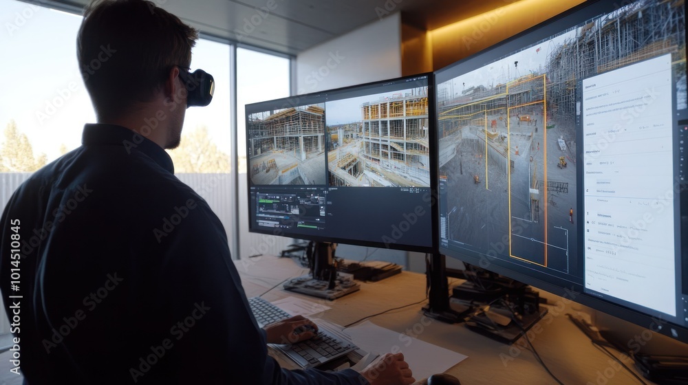 Aufkleber man wearing vr headset monitoring construction site with multiple monitors