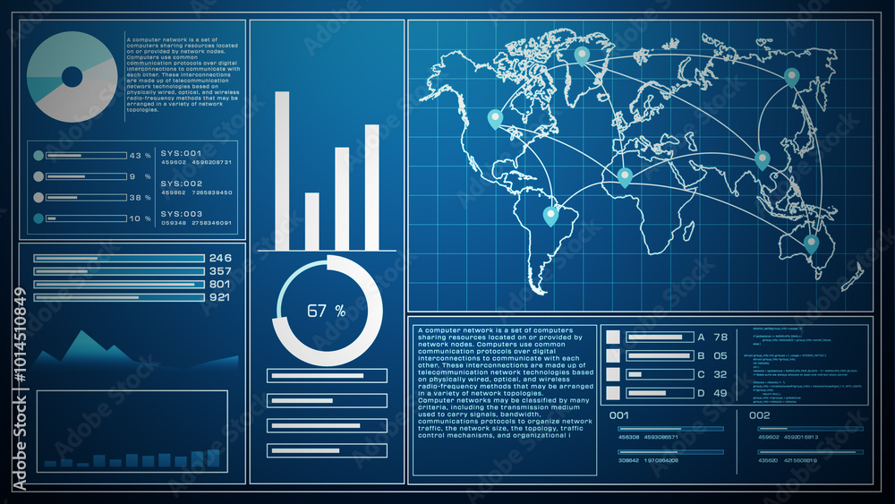 Poster Digital interface showing a global network map with data charts, visual analytics, and system performance indicators. 3D rendering.