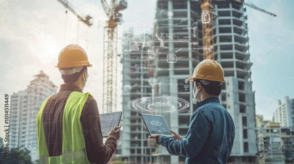 Aufkleber Two Construction Workers Using Tablets to Analyze a Building Blueprint