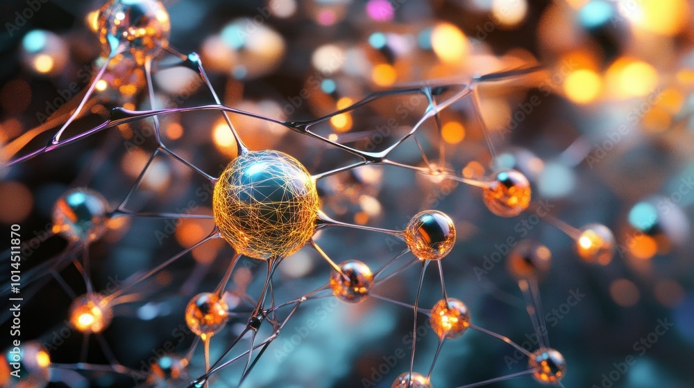 Poster a network of interconnected metallic spheres with a glowing center