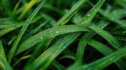 A top view of lush green grass texture with dew drops on the leaves