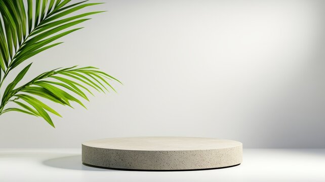 Round pedestal with palm leaf, white background Podium for products.
