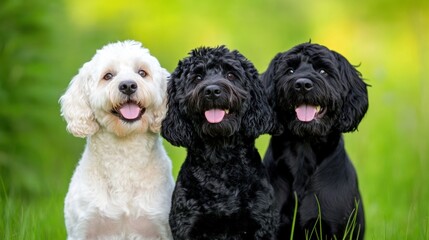Three Happy Dogs Sitting on Lush Green Grass in a Sunny Park Setting, AI