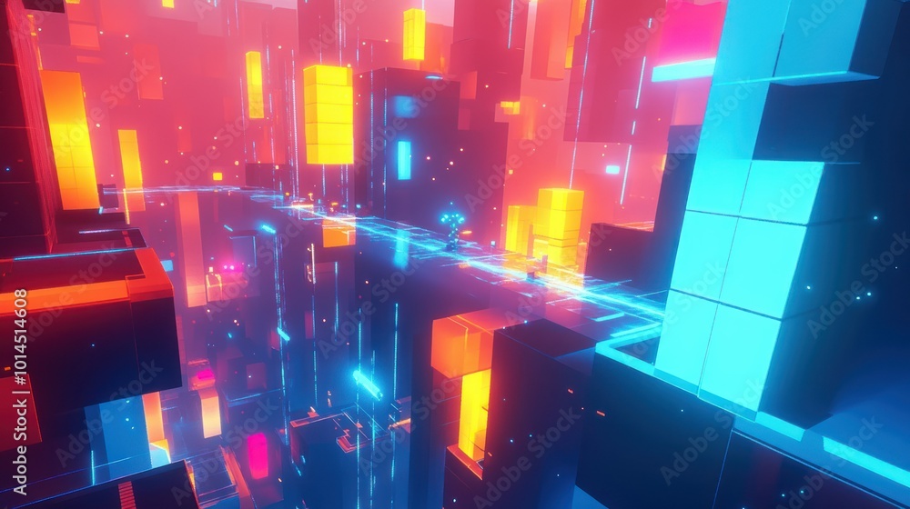 Poster abstract neon cityscape with glowing cubes and lines