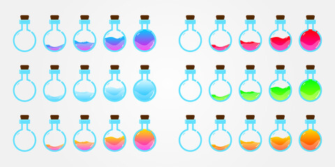 Set of glass bottles. Different color potion flat style on white background. Vector illustration. Design elements for game collection.
