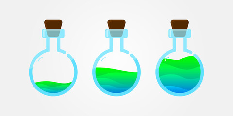 Set of glass bottles. Different color potion flat style on white background. Vector illustration. Design elements for game collection.