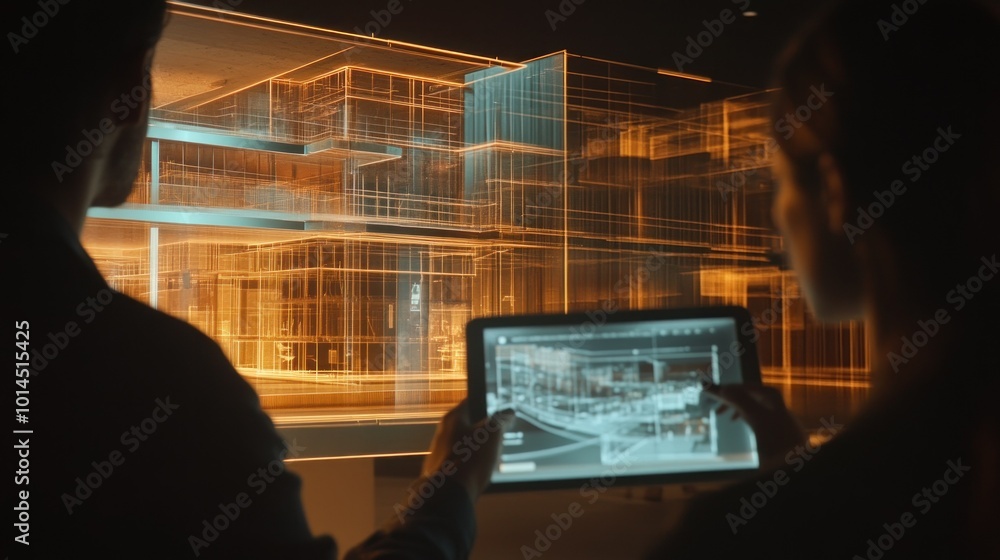 Poster two people looking at a 3d model of a building on a tablet