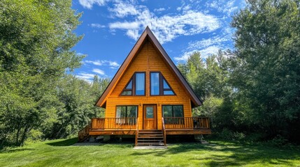 Fototapeta premium A charming A-frame cabin surrounded by lush greenery under a bright blue sky.