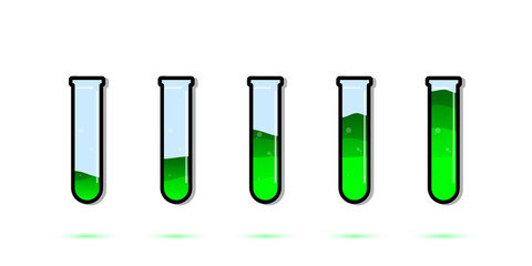 Set of glass bottles. Different color potion flat style on white background. Vector illustration. Design elements for game collection.