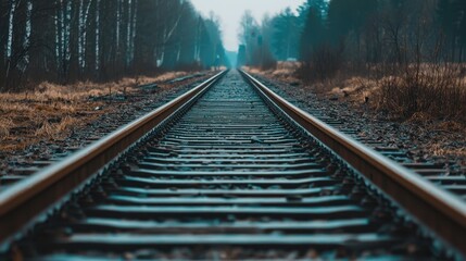 Obraz premium Railroad tracks stretching into the distance surrounded by trees and grass, evoking a sense of travel and exploration.