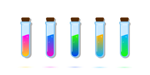 Set of glass bottles. Different color potion flat style on white background. Vector illustration. Design elements for game collection.