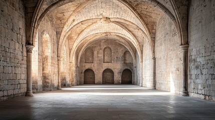 Fototapeta premium An expansive interior of an old stone hall showcasing intricate architecture and soft, natural light.