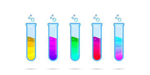 Set of glass bottles. Different color potion flat style on white background. Vector illustration. Design elements for game collection.