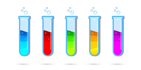 Set of glass bottles. Different color potion flat style on white background. Vector illustration. Design elements for game collection.