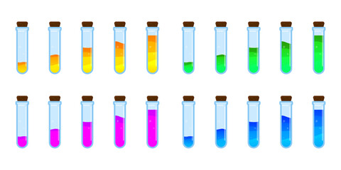 Set of glass bottles. Different color potion flat style on white background. Vector illustration. Design elements for game collection.