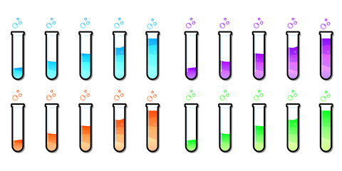 Set of glass bottles. Different color potion flat style on white background. Vector illustration. Design elements for game collection.