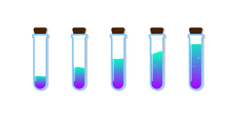 Set of glass bottles. Different color potion flat style on white background. Vector illustration. Design elements for game collection.