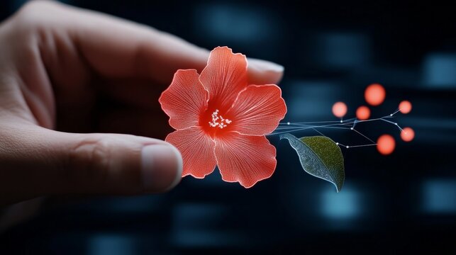 Digital Blossom: Hand Gently Holding a Red Flower with Digital Connections 