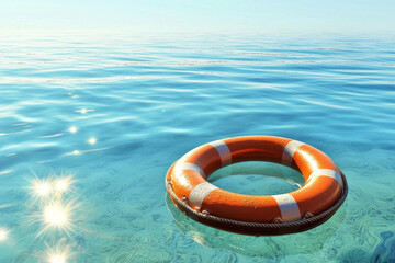 A vibrant orange life ring floats on calm, clear water under a bright sky, symbolizing safety and rescue in aquatic environments.