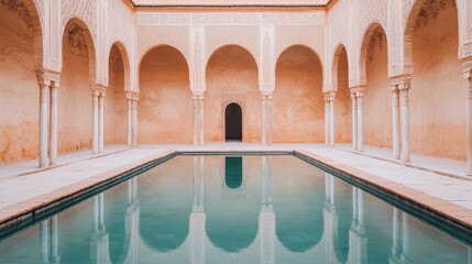 An elegant courtyard reflecting arches and serene pool, offering a tranquil atmosphere and stunning architectural beauty.