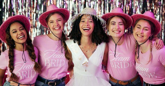 Bachelorette party, bridesmaids and portrait of women at club for bride to be, wedding and night out. Support, bridal shower and hen do with group of people for social event, friends and celebration - Powered by Adobe