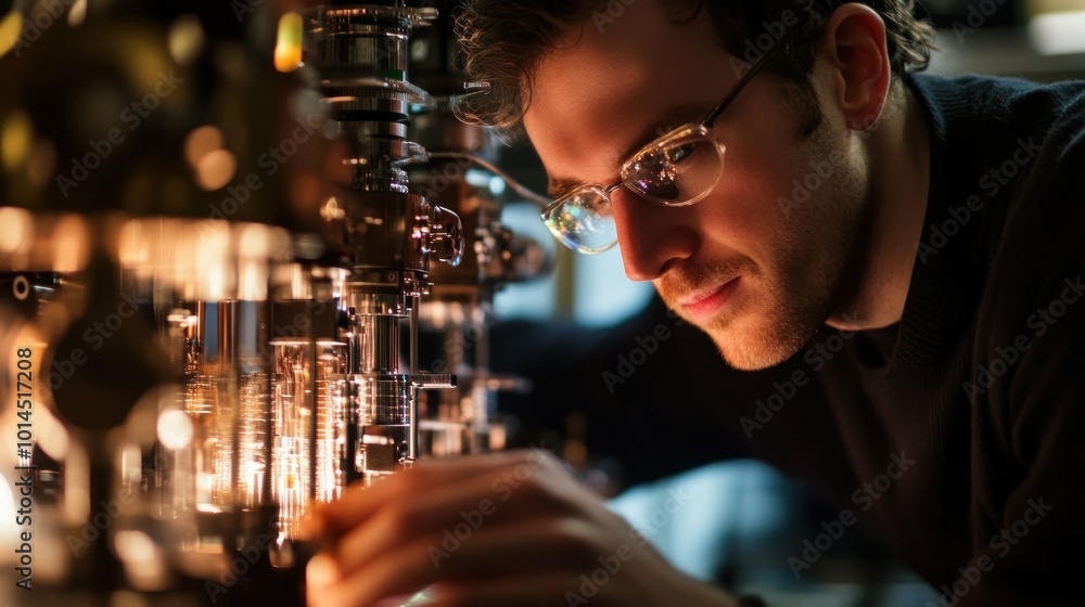 Poster a man in glasses adjusting a complex machine