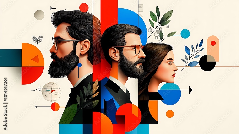 Poster abstract geometric portrait of three people with color and pattern