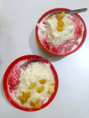 durian ice soup with jackfruit and pink pearl jelly. sweet and refreshing