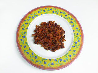 Sambal balado teri kacang is fried anchovy and peanuts with hot and spicy chili sauce. An Indonesian traditional food