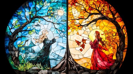 Stained Glass Window Art Seasonal Tree with Women in Nature Artwork