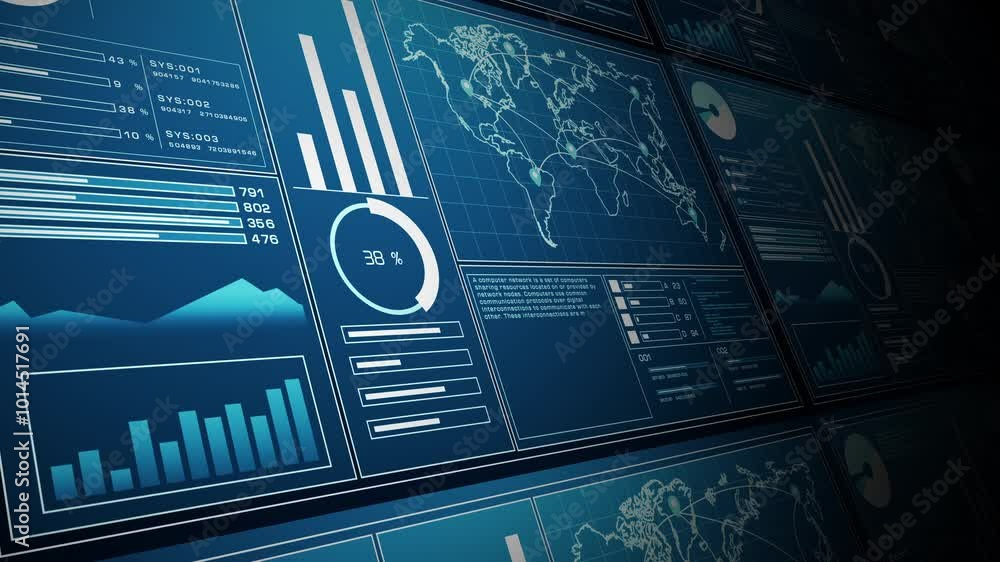 Poster Image showing several digital data dashboards with various charts, graphs, and a global network map, representing analytics and technology. Animation 4k, 3d rendering.