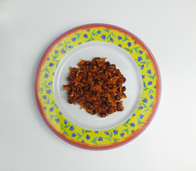 Sambal balado teri kacang is fried anchovy and peanuts with hot and spicy chili sauce. An Indonesian traditional food
