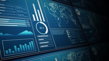 Image showing several digital data dashboards with various charts, graphs, and a global network map, representing analytics and technology. Animation 4k, 3d rendering. - Powered by Adobe