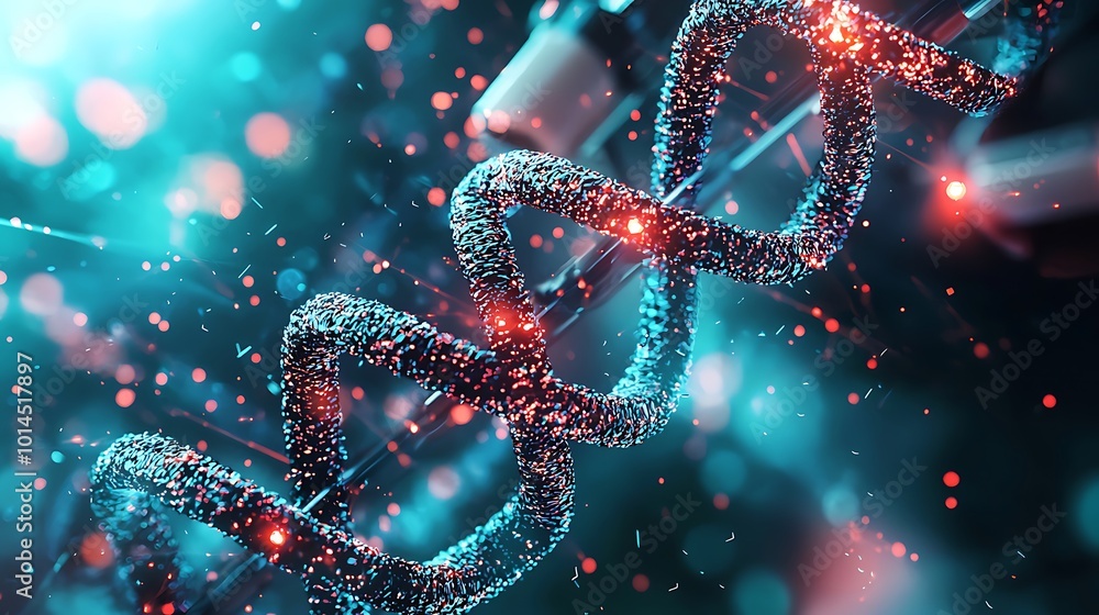 Poster abstract dna helix with glowing particles science background