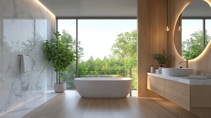 Fototapeta premium Interior of a modern bathroom with white marble and wooden walls, wooden floors, a comfortable white bathtub standing near the window and a cozy sink with a vertical mirror in the background. 3D rende