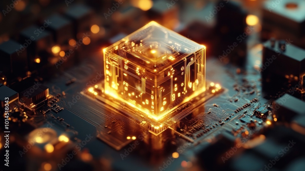Poster Illuminated Glass Cube on a Circuit Board with Digital Traces