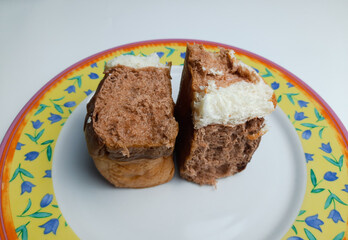 torn bread/sliced bread with various flavors. chocolate and blueberry flavors