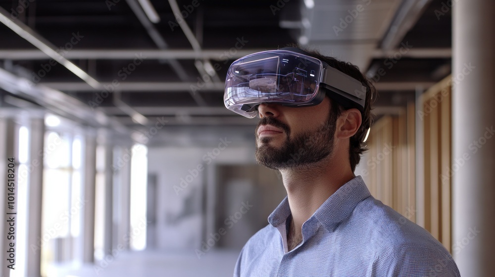 Poster a man wearing a virtual reality headset in an unfinished building
