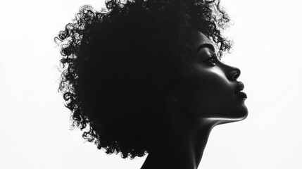 Silhouette of an African American woman with curly hair, featured starkly against a plain white background.