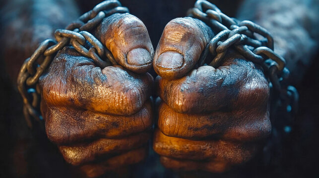 Dirty hands of a worker bound by a heavy chain, concept of forced labor and human trafficking