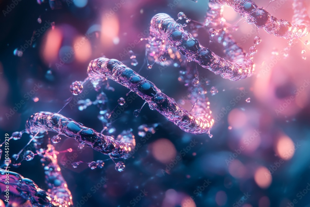 Poster liquid dna molecule is rotating with bokeh effect on a blue and pink background