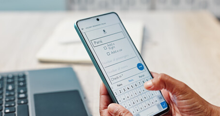 Phone screen, online and person hands with flight check in for holiday transport and schedule app....