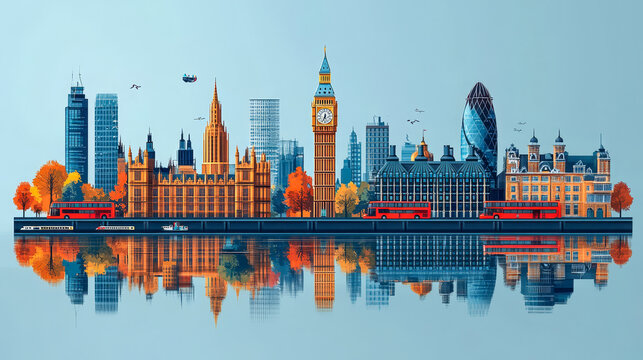 The iconic landmarks of london reflected in the thames river on a crisp autumn day