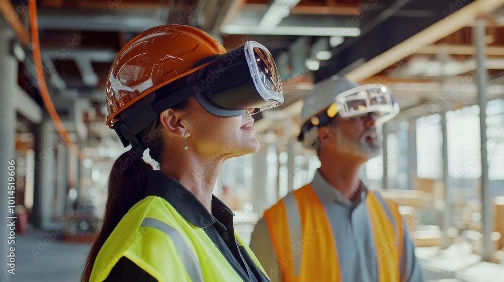 Poster construction workers using virtual reality technology on a building site