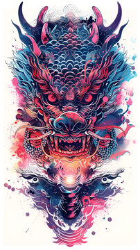 A vintage-inspired tattoo design featuring a red dragon head combined with a bull's head, surrounded by tribal elements and gothic wings, creating an emblematic and grunge-style illustration.