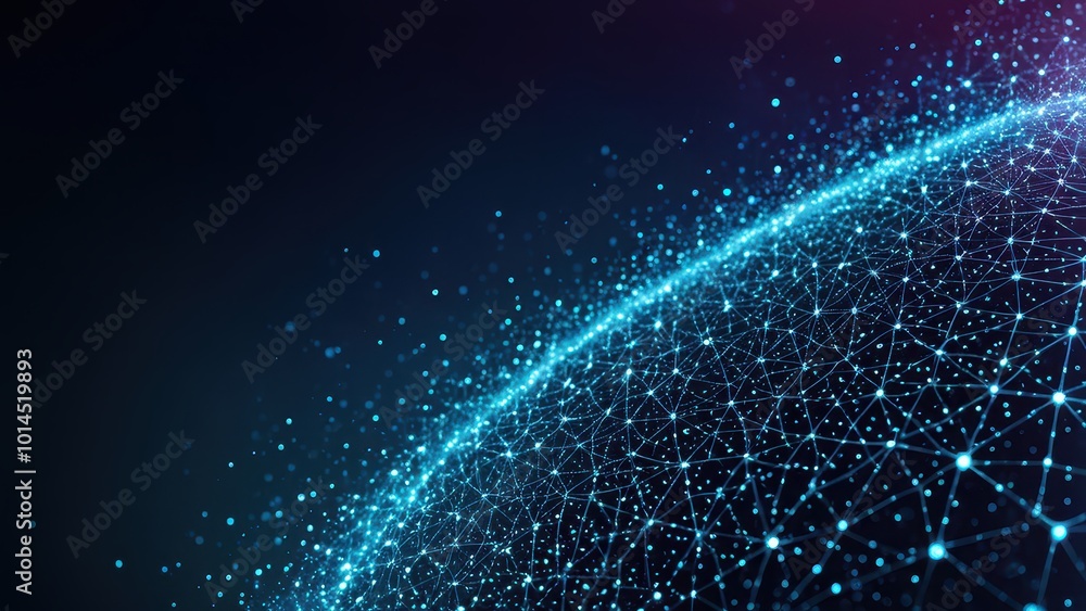 Poster abstract digital landscape with interconnected nodes and glowing lines.